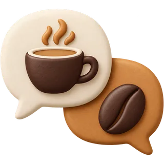 Illustration of two speech bubbles holding a cup and a bean, the Cafe Operations Desk emblem
